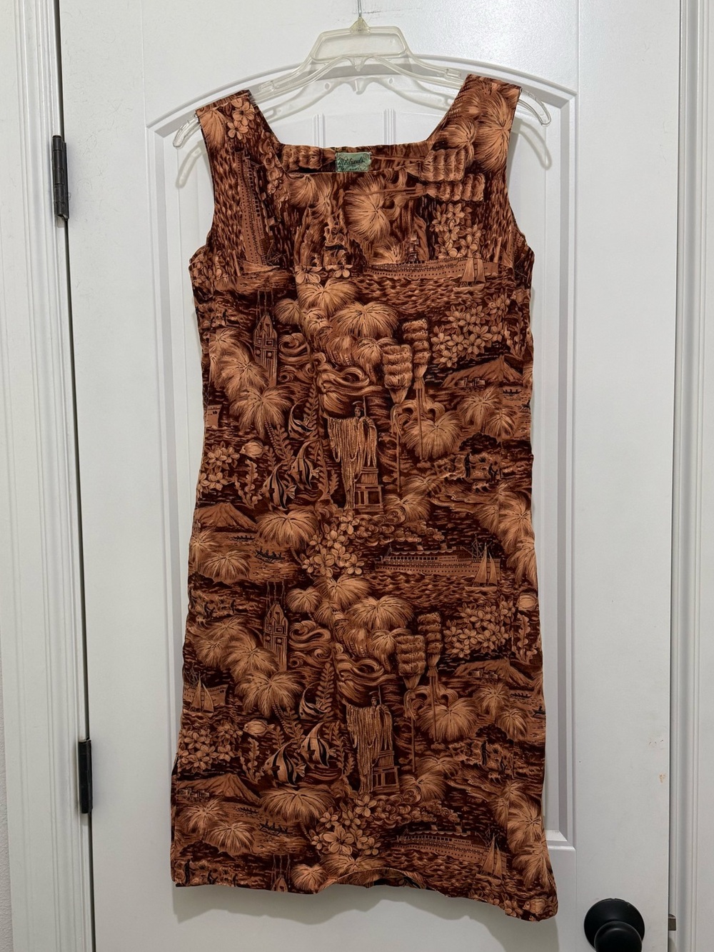 Mildred’s of Hawaii Vintage 60s Brown Tropical Palm Shift Mod Dress Womens Small